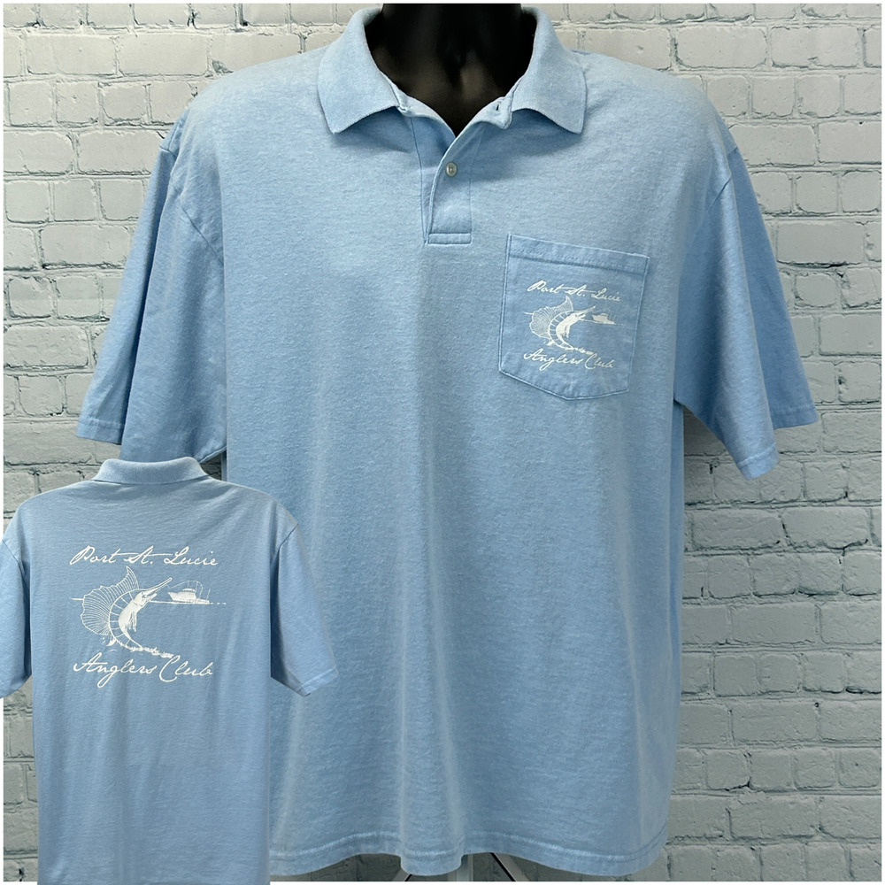 Vintage 90s Port St Lucie PSL Anglers Club Polo Shirt Fishing Blue Mens L Large